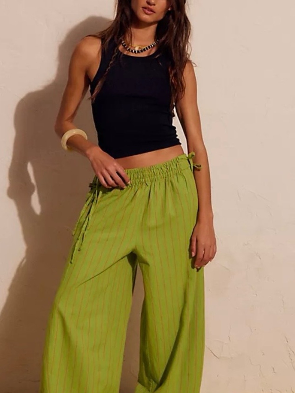 FREE PEOPLE Sun Dazed Cotton Linen Green Striped Pants, S